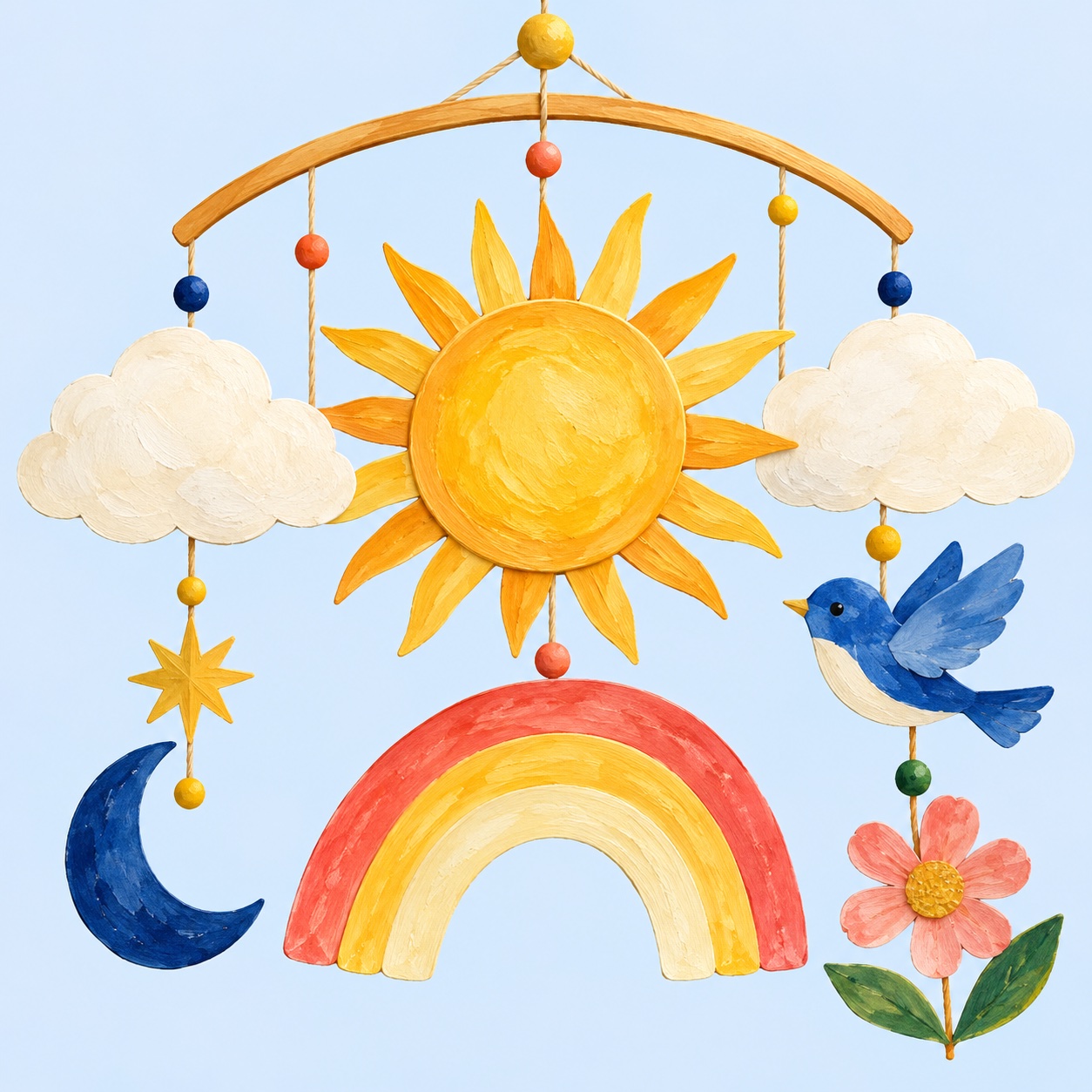 A colorful handmade nursery mobile with a sun, rainbow, bluebird and flower